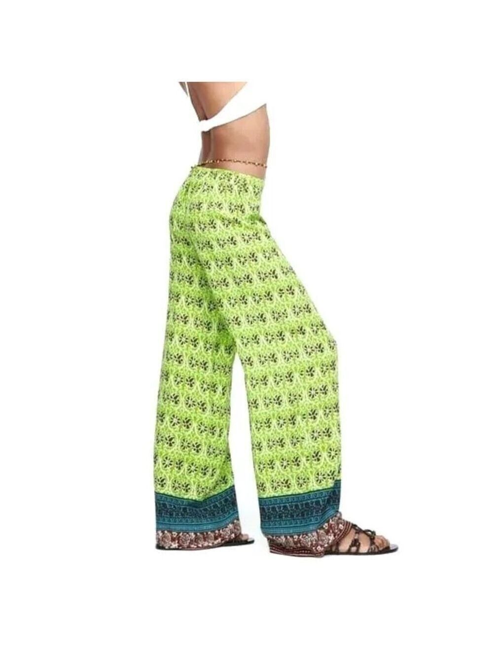 Zara wide leg flowy printed viscose palazzo pants green Sz M